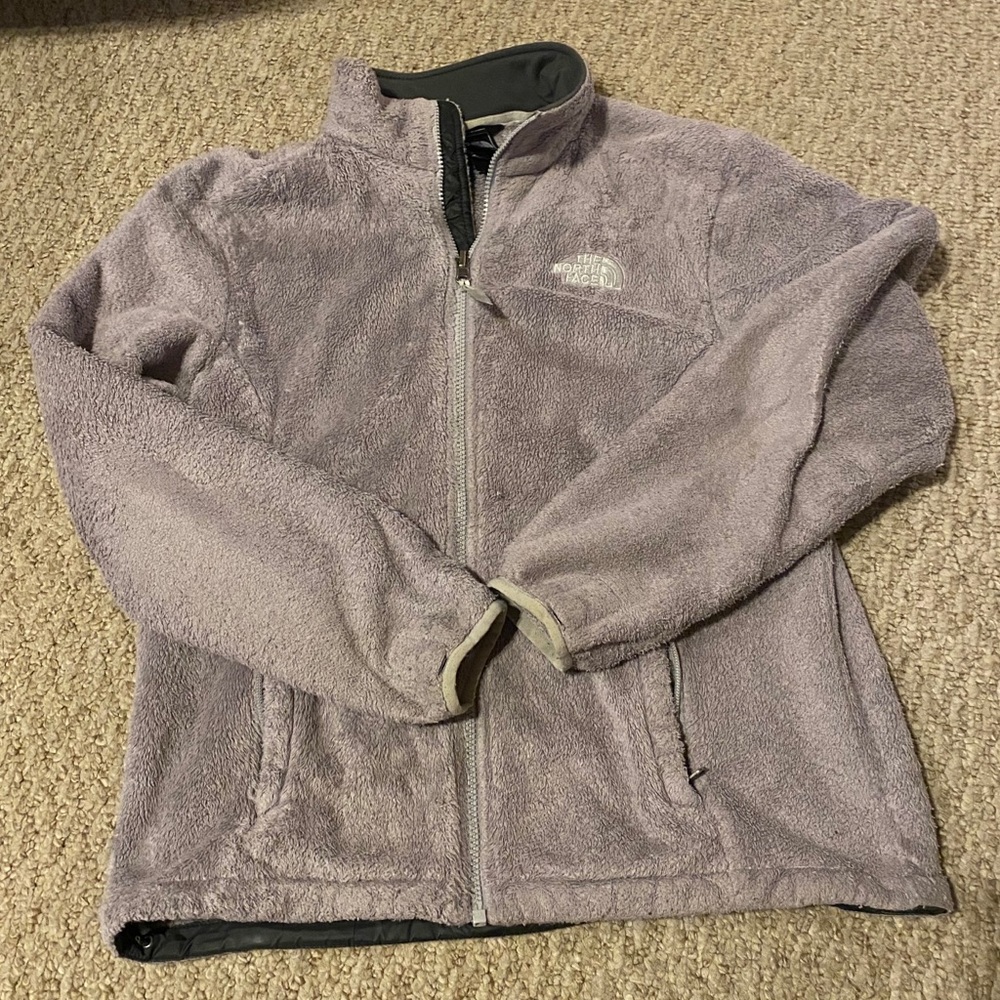 Grey North Face zip-up winter coat.